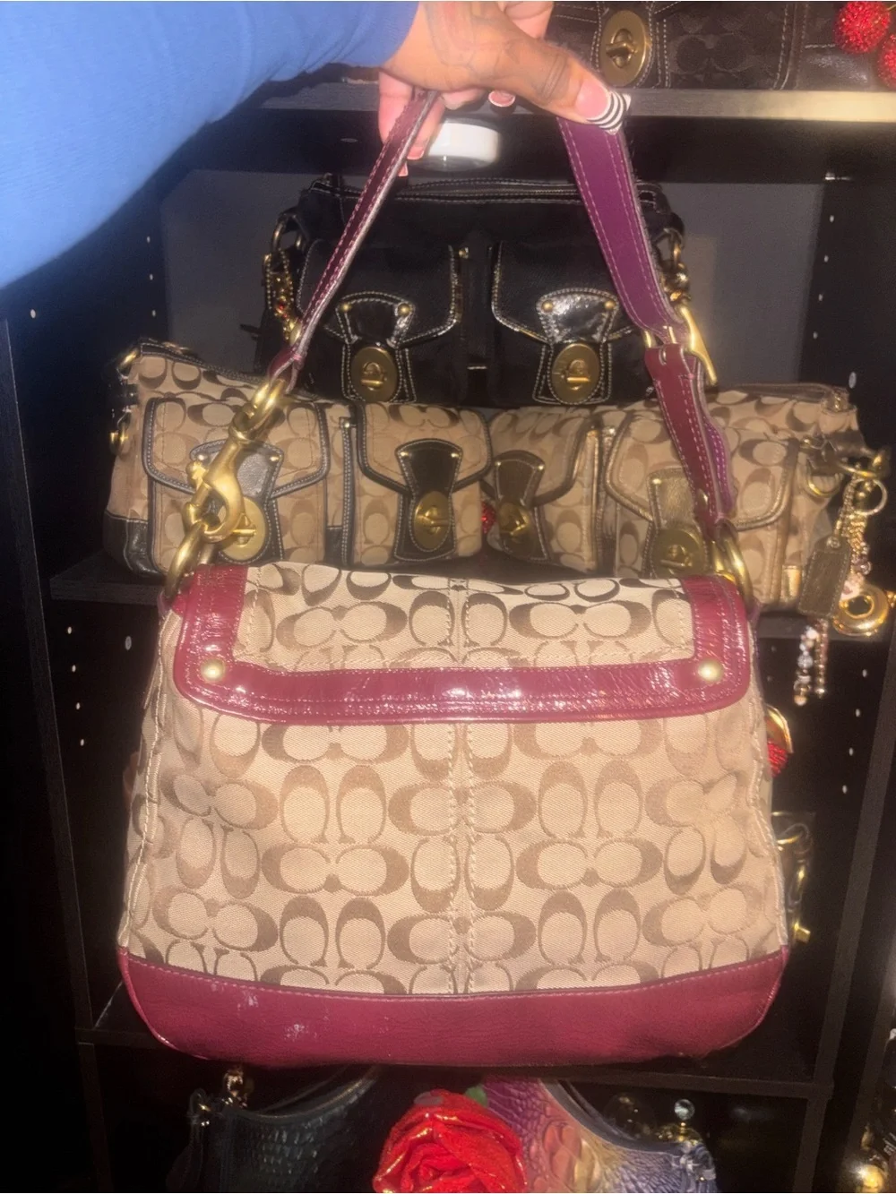 Vintage Coach Legacy Ali Signature Canvas Shoulder Bag with Burgundy Trim